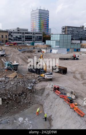 The changing urban landscape during the ongoing clearance of the site of the former Elephant & Castle shopping centre which is being demolished and redeveloped in south London, on 19th October 2021, in London, England. The much-criticised architecture of the Elephant & Castle Shopping Centre was opened in 1965, built on the bomb damaged site of the former Elephant & Castle Estate, originally constructed in 1898. The centre was home to restaurants, clothing retailers, fast food businesses and clubs where south Londoners socialised and met lifelong partners Stock Photo