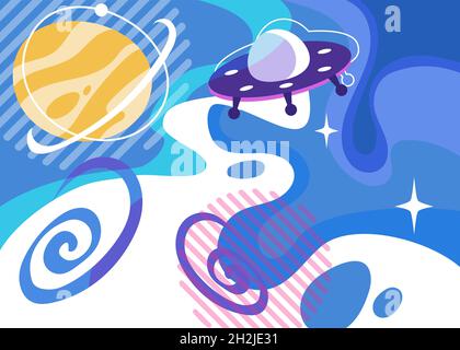 Banner with flying saucer in outer space. Placard design in cartoon style. Stock Vector