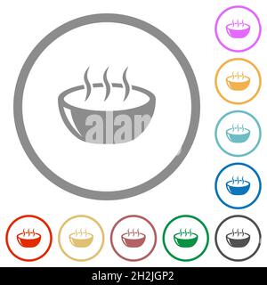 Glossy steaming bowl flat color icons in round outlines on white background Stock Vector