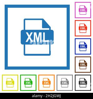 XML file format flat color icons in square frames on white background Stock Vector