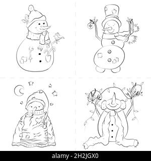 Illustration of funny snowman Christmas character set coloring book page Stock Photo