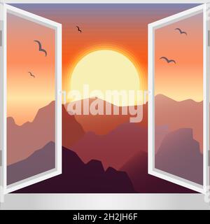 View from the window sunset in the mountains Stock Vector