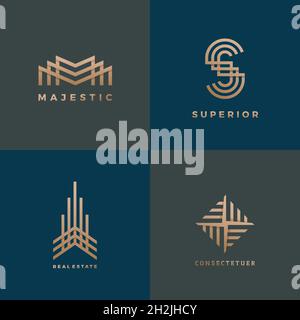 Abstract Geometric Minimal Vector Signs, Symbols or Logo Templates Set. Building Silhoutte and Modern Letters Monograms with Brass Gradient Collection Stock Vector