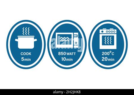 Pot, microwave and oven cooking instruction symbols. 5,10,20 minutes. Vector illustration, flat style for packaging and instructions Stock Vector