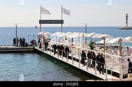 Cannes, France - October 13, 2021: Canneseries and MIPCOM/MIPJUNIOR at the Palais des Festivals with Photocall Atmosphere at the Majestic Beach Ponton. Mandoga Media Germany Stock Photo