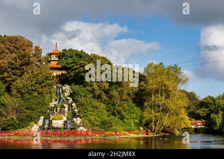 The Chinese Pagoda across the lake at Peasholm Park in Scarborough, North Yorkshire, England Stock Photo