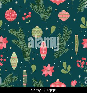 Vector seamless pattern with Christmas toys and plants. New Year's background. Stock Vector