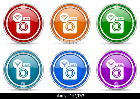 Washing machine, internet, wifi silver metallic glossy icons, set of modern design buttons for web, internet and mobile applications in 6 colors optio Stock Photo