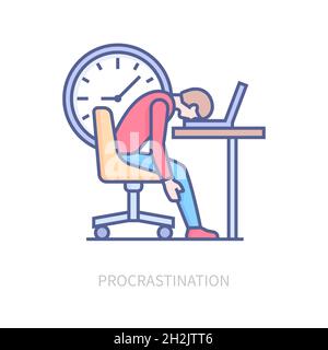 Procrastination - modern multi color line design style icon on white background. Men sitting on office chair at the table. He does not want to work or Stock Vector