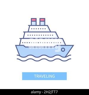 Traveling - modern colorful line design style icon on white background. Neat detailed image of large cruise ship sailing on the waves. Adventure, recr Stock Vector