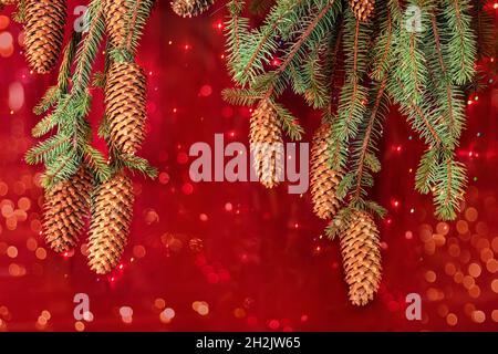 Festive Christmas card made from fir branches with big cones and bright shining lights of garlands on a red background. Place for your text. Natural S Stock Photo