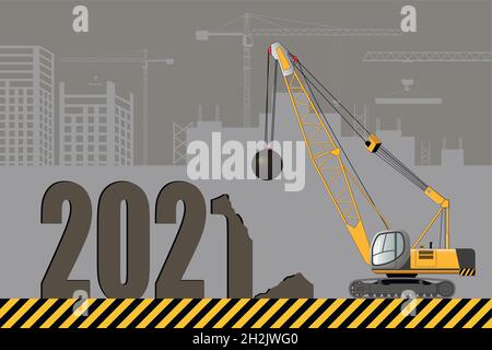 Tractor excavator with a ball-baba at work at a construction site. New Year card, 2021. Flat vector illustration. Stock Vector