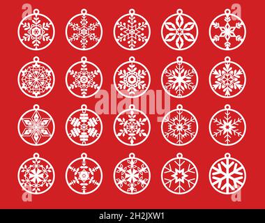 Set of Christmas balls with snowflakes. Christmas toys, decorations. Laser cutting templates. Laser cut, paper cut, woodcut ornament design. Vector Stock Vector
