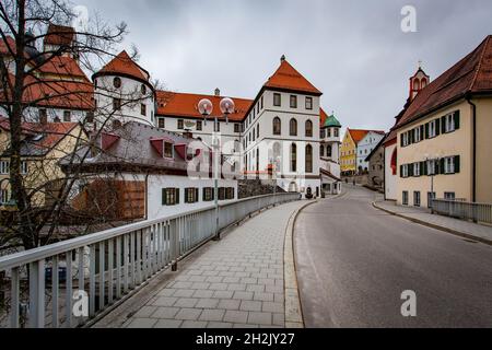 Street and Town hall in the former St. Mang monastery in Fussen, Bavaria, Germany Stock Photo