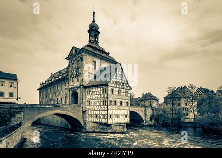 Old Town Hall in Bamberg, Germany. Black and white photography, sepia toned Stock Photo