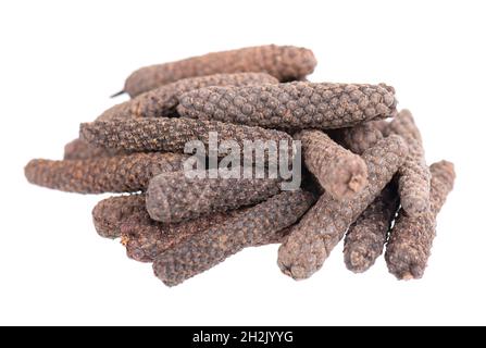 Long pepper isolated on white background. Heap of pippali or piper longum. Stock Photo