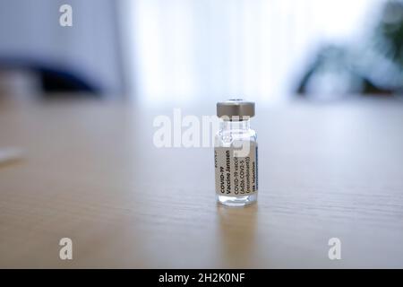 Bucharest, Romania - October 22, 2021: Details with the Janssen (Johnson and Johnson) anti Sars Cov 2 vaccine. Stock Photo