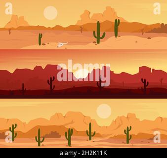 Desert landscape scene with cactuses at sunset set vector illustration. Cartoon mountain wild horizontal panorama nature scenery with dry plants, rock canyon and cacti, hot sun in sky background Stock Vector