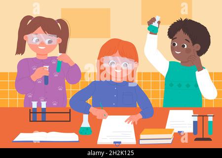 Kids scientists study at chemistry lesson in school classroom vector illustration. Cartoon little boy and girl child group make scientific chemical experiment, children student characters studying Stock Vector