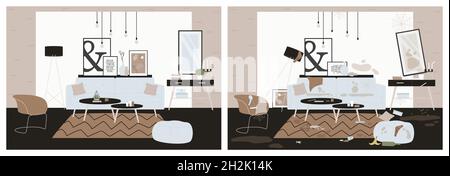 Clean and dirty family living room, cleaning service for home apartment vector illustration. Cartoon broken lamp, dirty messy clothes on sofa couch and floor, disorganized furniture before cleaning Stock Vector