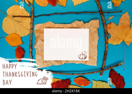 Thanksgiving day mockup template with yellow leaves and frame Stock Photo