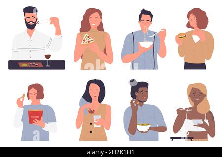 People eat fast food set vector illustration. Cartoon hungry woman characters eating fastfood snacks on lunch or breakfast, sushi pizza noodles burger nuggets cookies cereal salad isolated on white Stock Vector