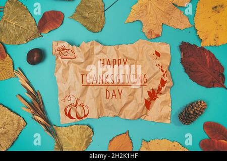 Thanksgiving day mockup template with yellow leaves and frame Stock Photo