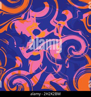 Neon marbling seamless vector pattern background. Psychedelic indigo, orange, pink backdrop with swirling shapes and blends. Scribbled curved elements Stock Vector