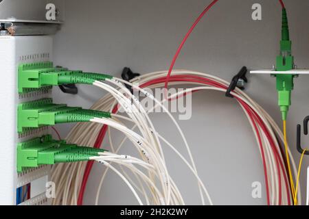 Optic fiber cables connected to data center, Has cable, fiber op Stock Photo