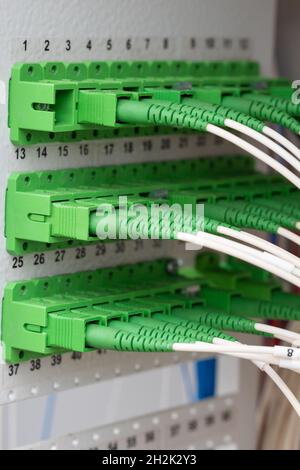 Optic fiber cables connected to data center, Has cable, fiber op Stock Photo