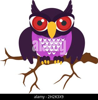 Evil owl with red eyes sits on a dry branch Stock Vector