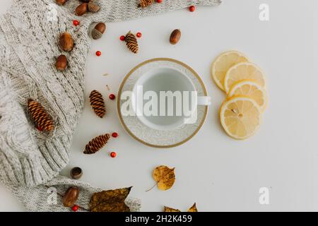Empty white and gold tea cup on white with cons, acorns and lemons Stock Photo