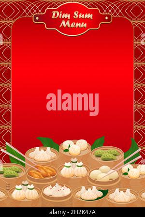 Dim Sum menu template page. Chinese dumplings menu restaurant template in traditional red style design. Dim Sum flyer. Various types of dimsum served Stock Vector