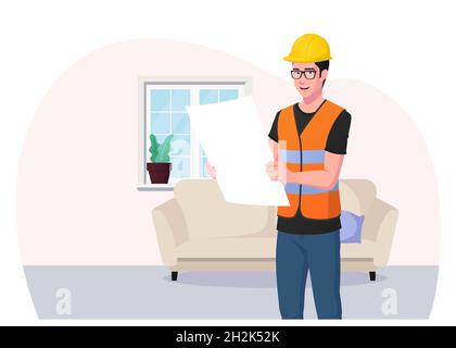 Cartoon Architect, Contractor Character Holding House Plan Concept premium Vector Stock Vector