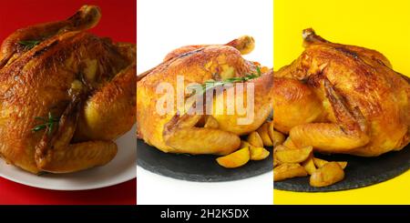 Collage of roast turkey dishes. Several photos of roasted turkey with golden crust, Thanksgiving dinner collage Stock Photo
