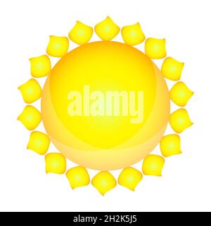 Cartoon sun isolated on white background. Yellow sun with shining light rays. Summer and vacation symbol. Sun with flares and glow.Vector illustration Stock Vector