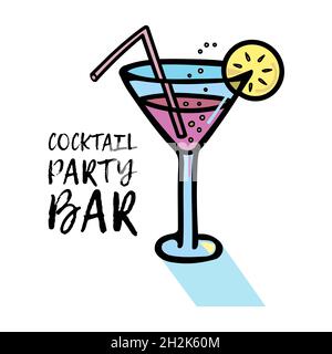 Vector illustration of a glass with a cocktail, bubbles and a slice of lemon, a straw. Icon. Phrase Cocktail party bar. Stock Vector