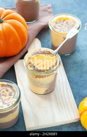 Pumpkin curd pudding portioned in glasses