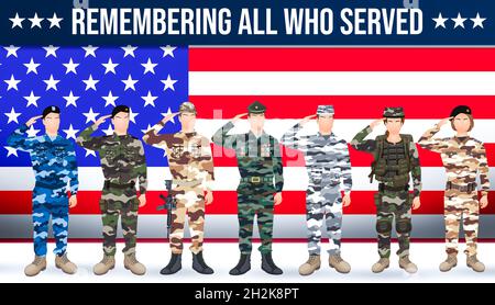 Remembering All Who Served the Country United States of America. New Patriotic and Veterans Day Concept Background with soldiers portraits Stock Photo