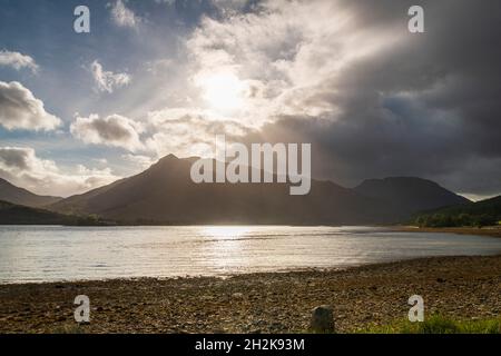 An cloudy autumnal 3 shot HDR image of Loch Leven and surrounding landscape near Glen Coe in the Scottish Highlands. 10 October 2021 Stock Photo
