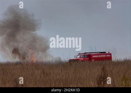 ZARATE, ARGENTINA - May 26, 2008: A closeup shot of Firefighters fighting a country fire near Zarate, Buenos Aires, Argentina