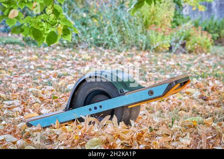 one-wheeled electric skateboard in a backyard in fall scenery Stock Photo