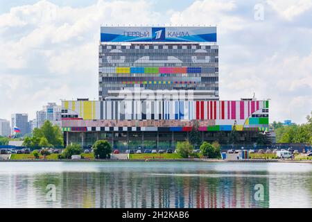 The colorful building of the Ostankino television center on the bank of the city pond. Moscow, Russia May 28, 2016. Stock Photo