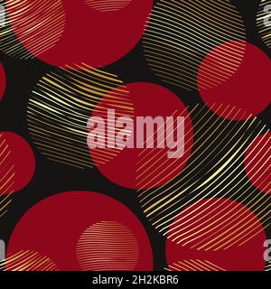 Seamless pattern gold and red circles doodled. Geometrical pattern with set circle golden color endless background, hand drawn textured geometric Stock Vector