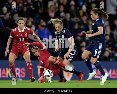 Glasgow, UK. 22nd Oct, 2021. Hampden Park, Glasgow, Scotland, Fanni Vago (Hungary, #10), Evelin Fenyvesi (Hungary, #6), Erin Cuthbert (Scotland, #22) and Lisa Robertson (Scotland, #6) during the FIFA Women's World Cup Group B Qualifying match at Hampden Park in Glasgow, Scotland. FIFA Women's World Cup Qualifying Alex Todd/SPP Credit: SPP Sport Press Photo. /Alamy Live News Stock Photo