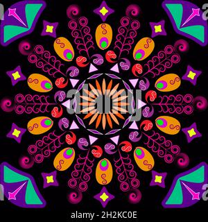 Multi-colored Madala on a black background, attracting good luck, health and prosperity. Stock Vector
