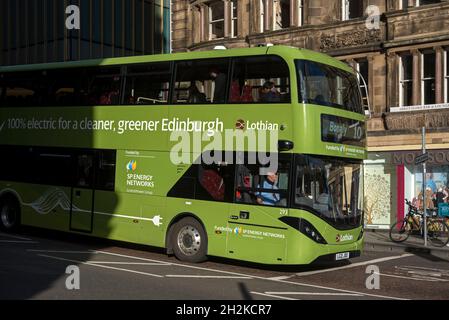 One of Lothian Busses new 100% electric busses, which came into service in June 2021, Edinburgh, Scotland, UK. Stock Photo