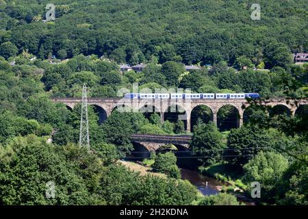 Northern Rail class 195 DMU crossing Copley Viaduct, Copley, West Yorkshire Stock Photo