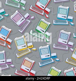 Vector illustration with drawing of old computers with keyboard and mouse. Stock Vector
