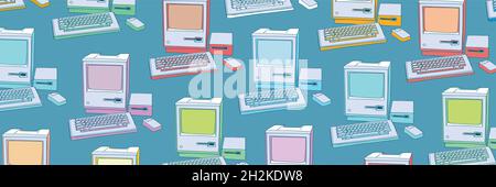 Vector illustration with drawing of old computers with keyboard and mouse. Stock Vector